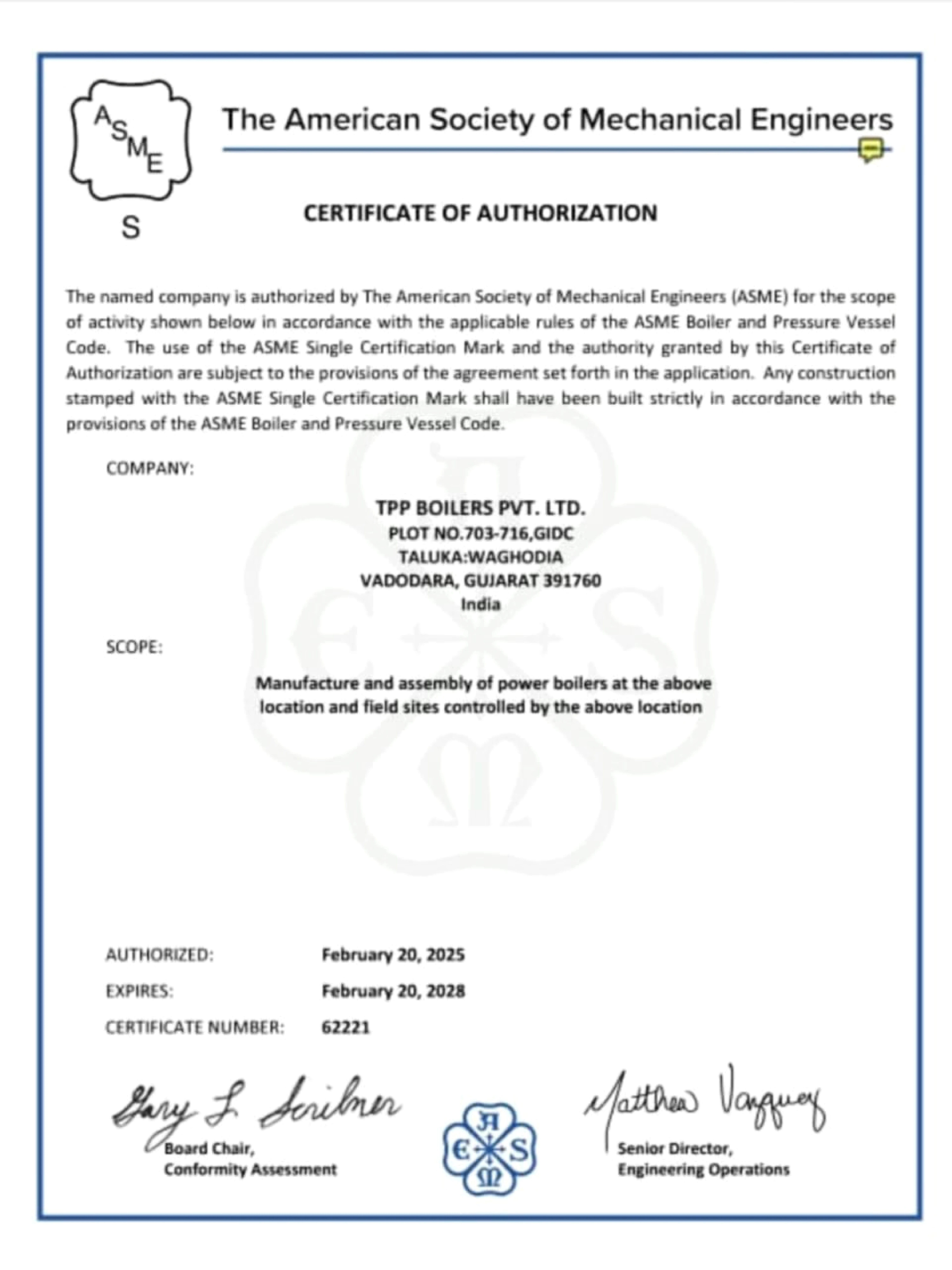 ASME Certificate